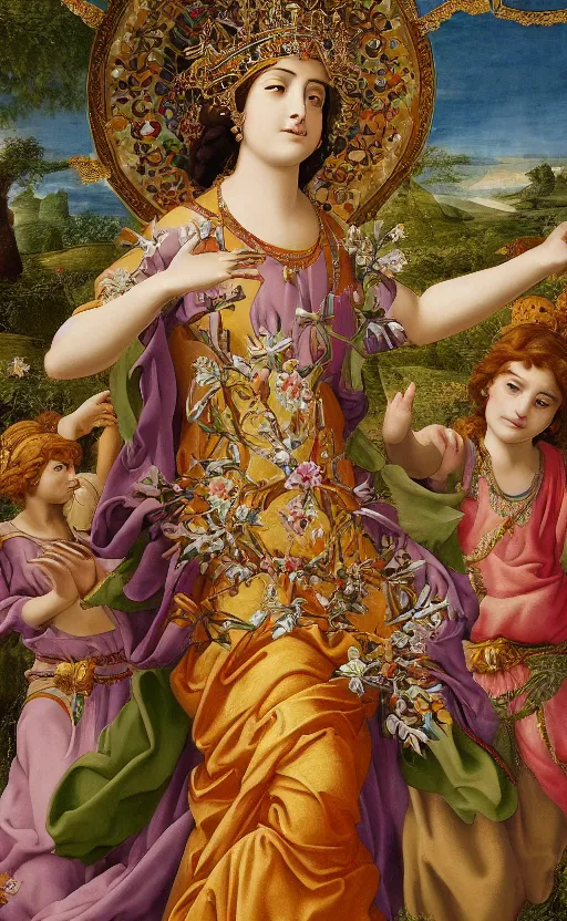 Image similar to mural of a young godess of spring, beautiful royal gown, royal ornaments, reaching towards the heavens, holy imagery, highly detailed, beautiful colors, renaissance mural, golden ratio, mural in the style of sandro boticceli, sandro boticceli