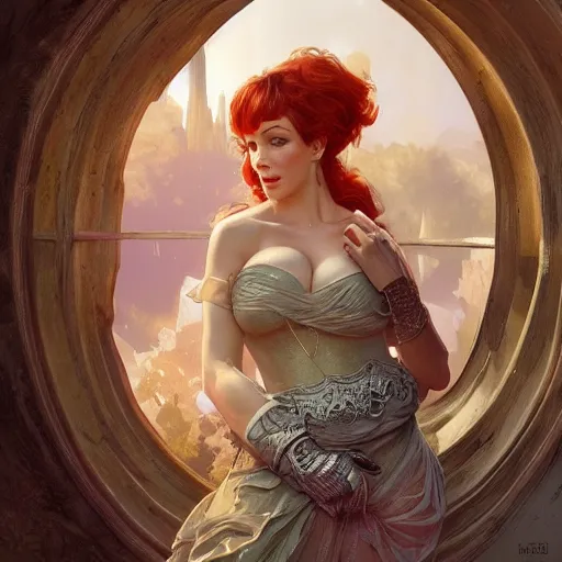 Image similar to christina hendricks on the cover of sports illustrated 1 9 6 5, fantasy, intricate, elegant, highly detailed, digital painting, artstation, concept art, matte, sharp focus, illustration, hearthstone, art by artgerm and greg rutkowski and alphonse mucha