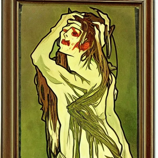 Prompt: zombie, painted by alphonse mucha