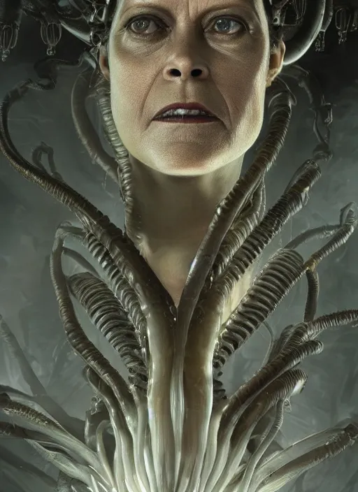 Prompt: a portrait of sigourney weaver blended with a xenomorphic alien queen, twisting organic tendrils, haze, highly detailed, hyper real, futuristic, volumetric interior lighting, artstation, unreal engine render 8 k greg rutkowski, hr giger