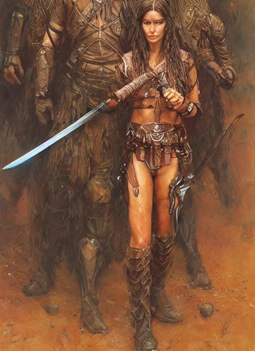 Image similar to beautiful warrior woman with wet hair wearing tan leather clothes holding a sword by artist donato giancola