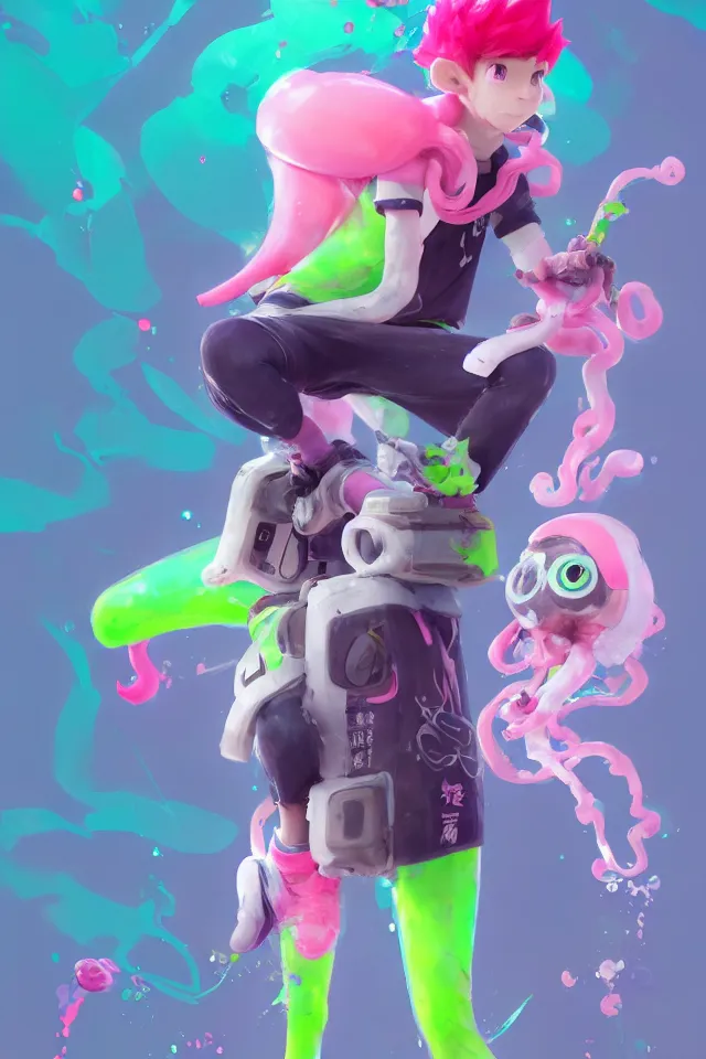 Image similar to a beautiful fullbody portrait of a cute splatoon anime boy with pink hair and green eyes wearing sports clothing tight leggings. character design by cory loftis, fenghua zhong, ryohei hase, ismail inceoglu and ruan jia. artstation, volumetric light, detailed, photorealistic, fantasy, rendered in octane