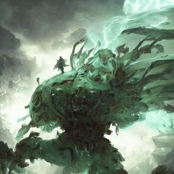 Image similar to chrysoprase golem still frame from warhammer movie, legendary magical crystal construct by esher, crystal golem fighting vast army by jakub rozalski, chrysoprase lightning elemental by peter mohrbacher