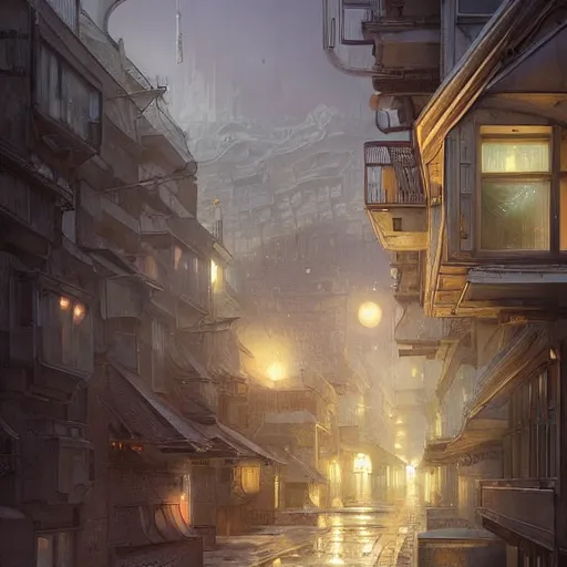 Image similar to It’s dreamy on the streets of Russian panel houses quarters on the Moon city, Norilsk, sci-fi, fantasy, intricate, very very beautiful, elegant, highly detailed composition, digital painting, artstation, concept art, smooth, sharp focus, illustration, art by artgerm and greg rutkowski and alphonse mucha