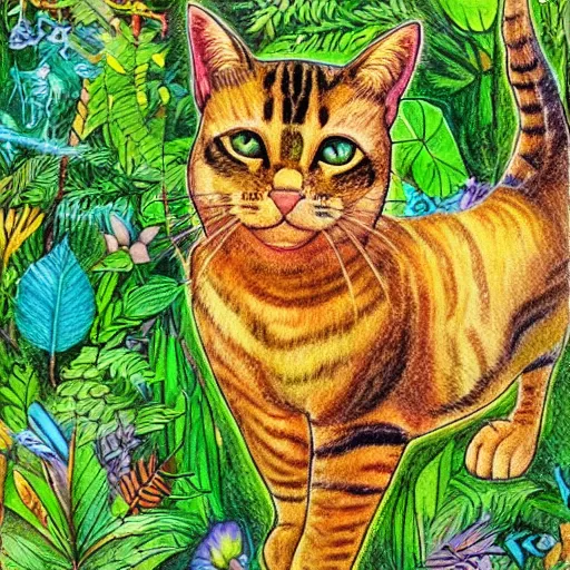 Image similar to Accurate and realistic representation of a cat in a magical dense, lush forest filled with wisdom, love, and courage.. Epic composition. Harmonic colored disposition, expertly blended and shaded. HD. 8k. 4.k HQ. UHD . Colored pencils and color inks on two joined sheets of paper