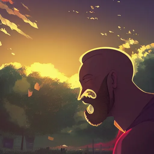 Prompt: a bearded man with shaved head screaming at a soccer ball, golden hour, dreamy, beautiful clouds, ultra detailed beautiful lighting, birds, light rays, wallpaper, suburbs, beautiful artwork by Makoto Shinkai,
