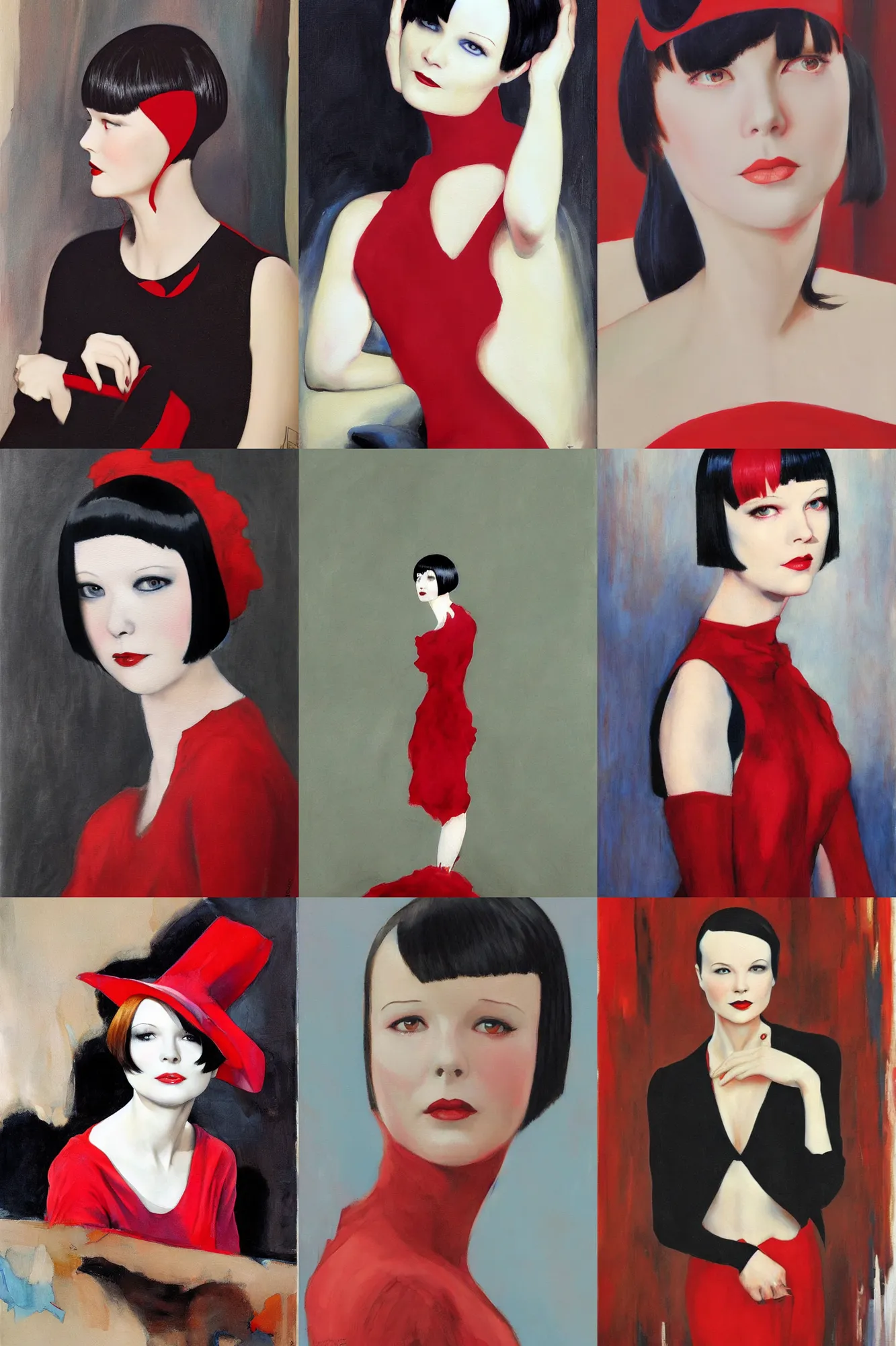 Prompt: mary louise brooks, painting by rob rey and jesper ejsing, wearing red