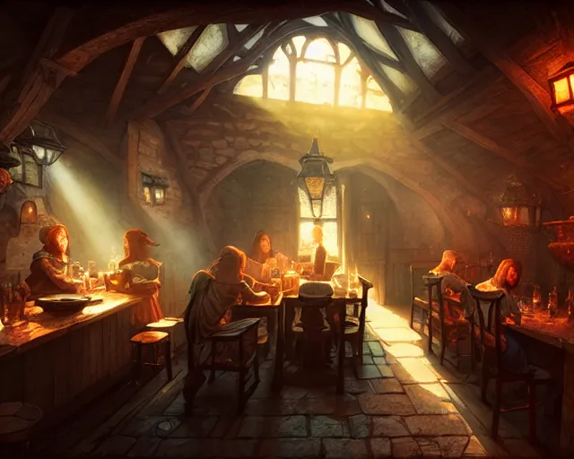 Prompt: a medieval tavern, beautiful, detailed, dark, concept art illustration, color page, tone mapping, akihiko yoshida, james jean, andrei riabovitchev, marc simonetti, digital illustration, greg rutowski, volumetric lighting, sunbeams, particles