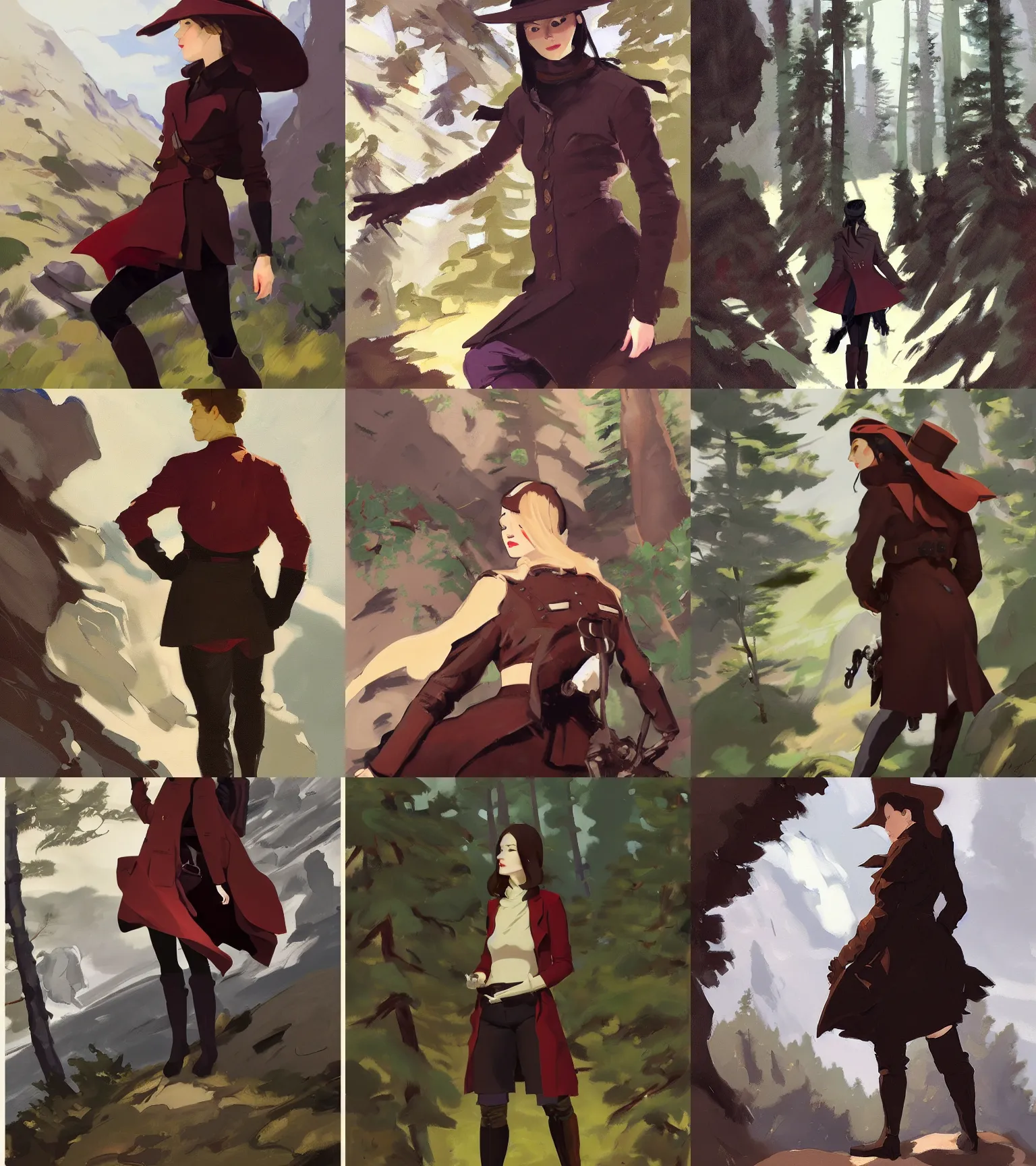 Image similar to black red brown cloth fabric jodhpurs knee high boots travel coat fashion, solo hiking in mountains trees, greg manchess painting by sargent and leyendecker, studio ghibli, fantasy, asymmetrical, intricate, elegant, matte painting, illustration, hearthstone, by greg rutkowski, by greg tocchini, by james gilleard, by joe fenton