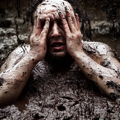 Image similar to 8 k photo of a horror villain stuck in mud, he is sad that his dark clothes are muddy.