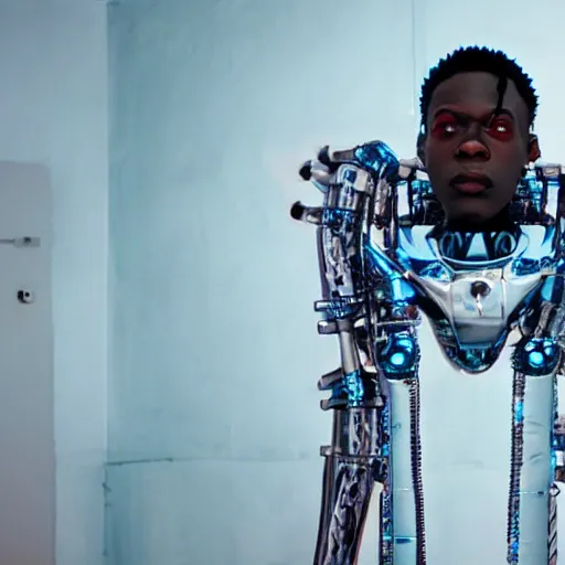 Image similar to a cinematic film still of rapper unotheactivist as a cybernetic cyborg, cgi, surrealism, film photography