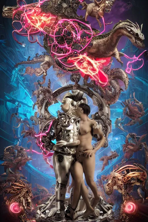 Prompt: full-body rococo and cyberpunk style sculpture of a young handsome Spanish prince half android with a chest exposing circuitry, glowing pink laser eyes, crown of blue gears and diamonds, swirling salmon-colored silk fabric, robotic raptors dinosaurs. baroque elements. full-length view. intricate artwork by caravaggio. Trending on artstation, octane render, cinematic lighting from the right, hyper realism, octane render, 8k, depth of field, 3D