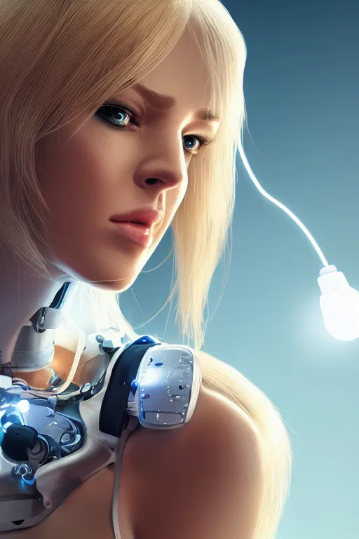 Image similar to a beautiful woman with blonde hair wearing robot suit with wires and light, highly detailed, photorealistic, artstation, smooth