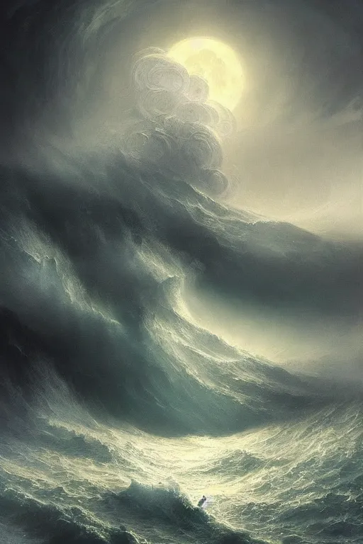 Image similar to A stunning detailed Shoggoth by Tomasz strzalkowski and Ivan Aivazovsky, stormy ocean, beautiful lighting, full moon, detailed swirling water tornado, artstation