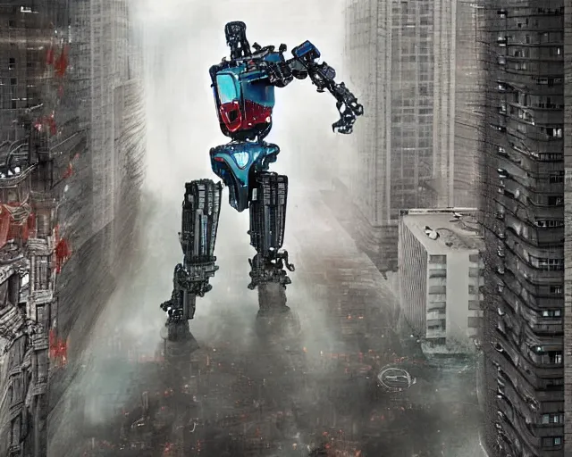 Prompt: A large imposing robot with a paintbrush destroying a city, looking down at the people below, digital art, movie poster