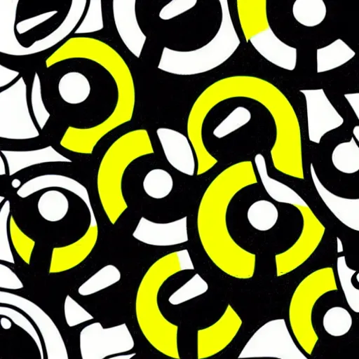 Image similar to acid house music rave graphics psychedelic illustration, smiley, ecstasy pill, graffiti, detailed, only black and white and yellow, stripes - c 9