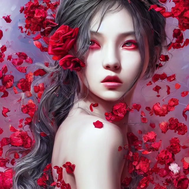 Image similar to studio portrait of an absurdly beautiful, elegant, young hypercolorful sensual gravure idol rubies and red petals, ultrafine hyperrealistic detailed face illustration by kim jung gi, irakli nadar, intricate linework, sharp focus, bright colors, matte, octopath traveler, final fantasy, unreal engine highly rendered, global illumination, radiant light, intricate environment