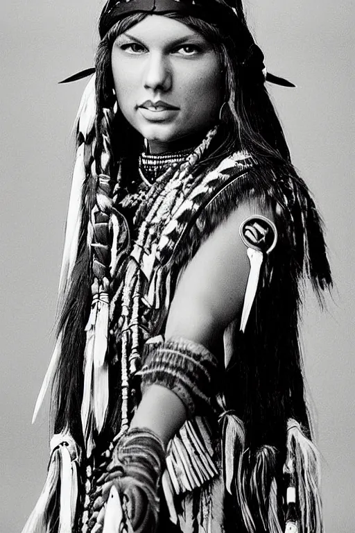 Prompt: Photo of Native American indian woman Taylor Swift, portrait, skilled warrior of the Apache, ancient, realistic, detailed, Taylor Swift