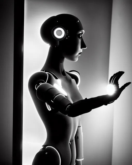 Image similar to black and white high quality photo of a female AI-cyborg-doll looking into a sci-fi mirror, volumetric lighting, hyperdetailed, masterpiece, elegant, dark, in the style of Man Ray,