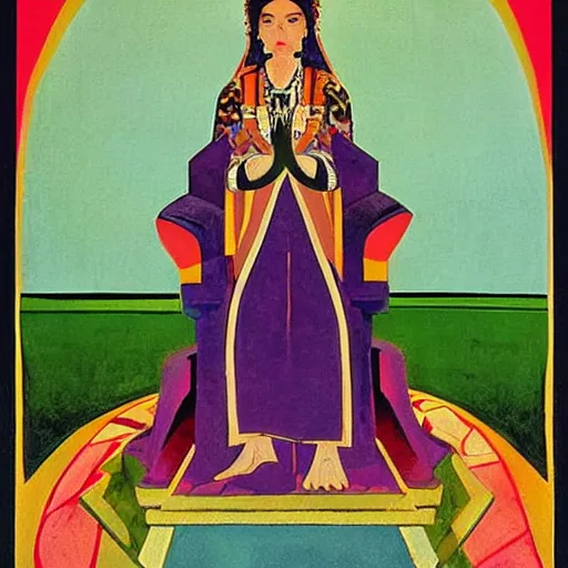 Prompt: a polish poster art representing a portrait of a queen on a carved stone throne by nicholas roerich, by gustave moreau, by james hawe, by yoshitaka amano, by georgia o keeffe, oil painting