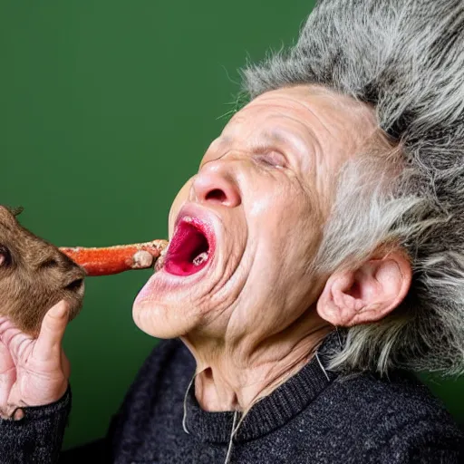 Image similar to a bizarre image of an old woman opening her mouth extremely wide and impossibly swallowing a whole goat