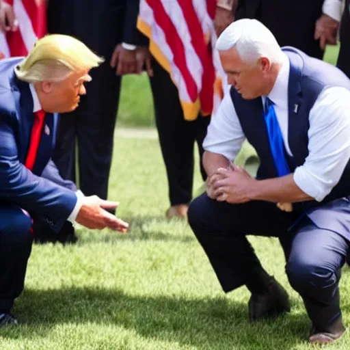 Image similar to Mike pence kneeling down next to Donald trump helping him put his belt on, 8k,