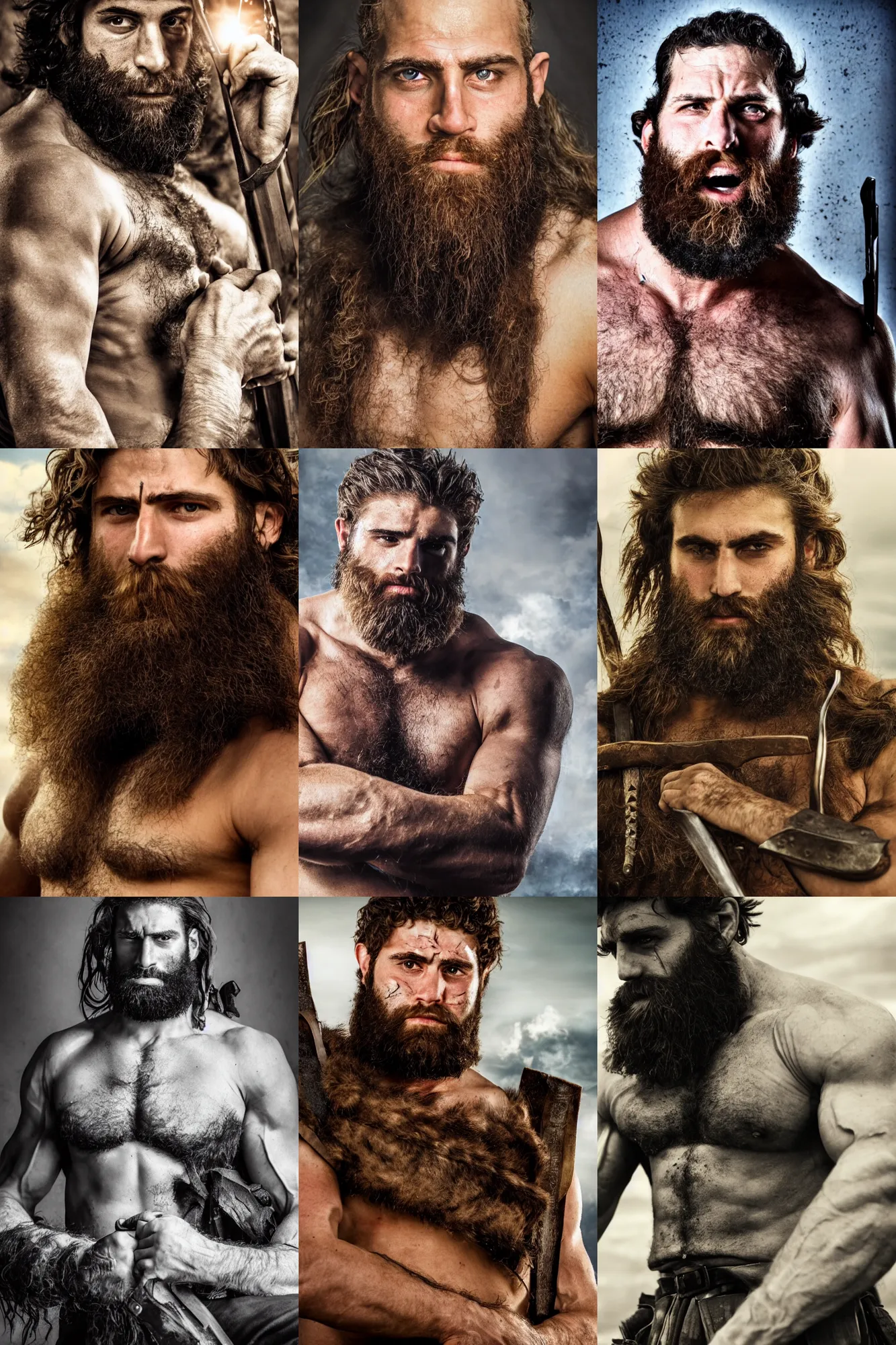 Prompt: portrait of a jewish warrior. rugged young man, very beautiful. big muscles, many scars. cinematic lighting, highly detailed, full body shot. thick long beard. Action movie still.