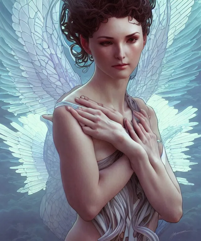 Image similar to beatiful woman turning into an angel, dark surrealism , scifi, intricate, elegant, highly detailed, artstation, concept art, smooth, sharp focus, illustration, art by artgerm and moebius and alphonse mucha