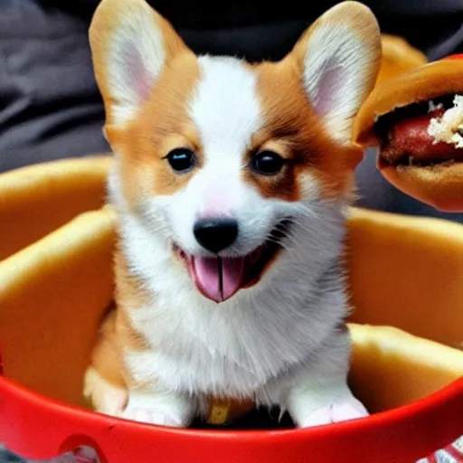 Image similar to a corgi puppy eating a hotdog