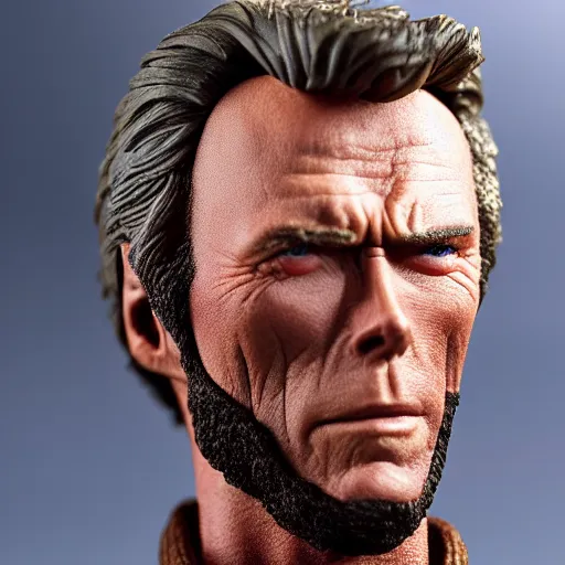 Image similar to clint eastwood action figure by hot toys. photo taken with nikon 8 5 mm f / 3. 5.