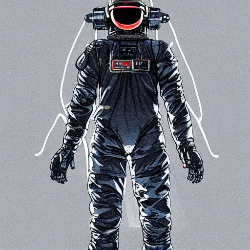 Image similar to cyberpunk japanese man with long limbs and a black spacesuit on a spacewalk, techwear, Industrial Scifi, detailed illustration, character portrait, by Martin Grip and Moebius