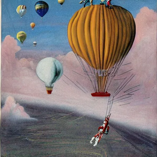 Prompt: astronaut arriving a different planet on a hot air ballon, by francis bacon