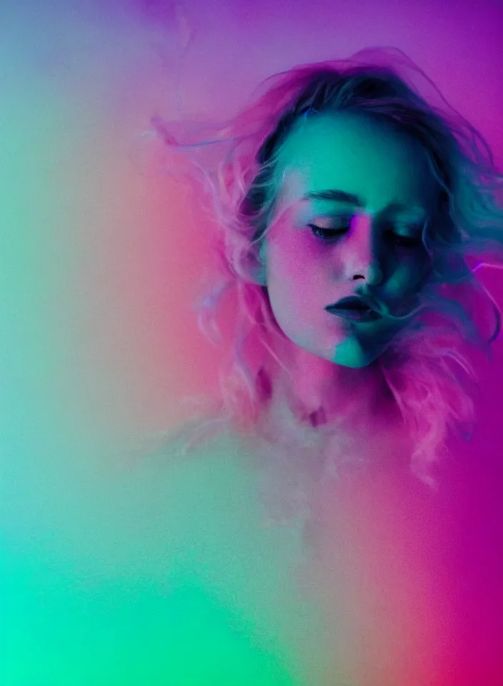 Prompt: high quality pastel coloured film close up photograph of a model in an icelandic black rock!! environment in a partially hazey dreamstate world. three point light, rainbow. photographic production. art directed. pastel colours. volumetric atmosphere. pastel gradient overlay. waves glitch artefacts. extreme facial silliness. 8 k. filmic.
