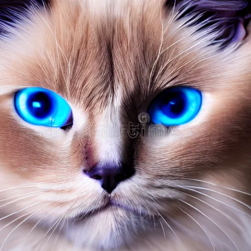 Image similar to studio photograph of a birman cat, bright blue eyes, warm brown colorpoints, hd, studio lighting, stock photo, longhaired, anatomically accurate