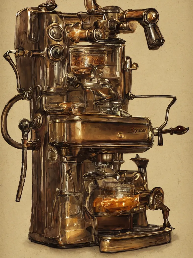 Image similar to product photography of an ancient coffee machine, by Simon Stalenhaag, by Yoshita Amano, by Esao Andrews, sharp focus, fresh colors, conceptart, trending on artstation