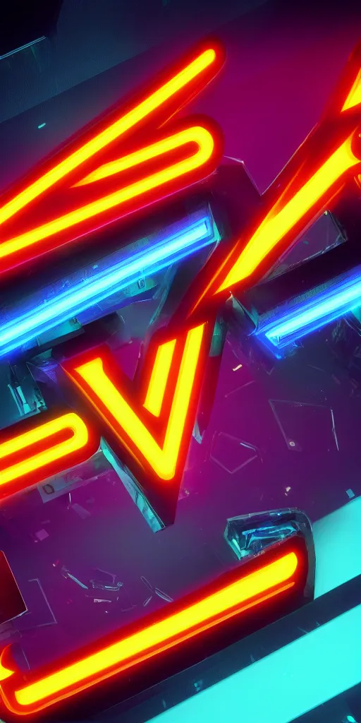 Image similar to a cyberpunk logo of the letter v, neon outline, bright colors, reflections, lens flare, 8 k, unreal engine 5, blender, best logo created