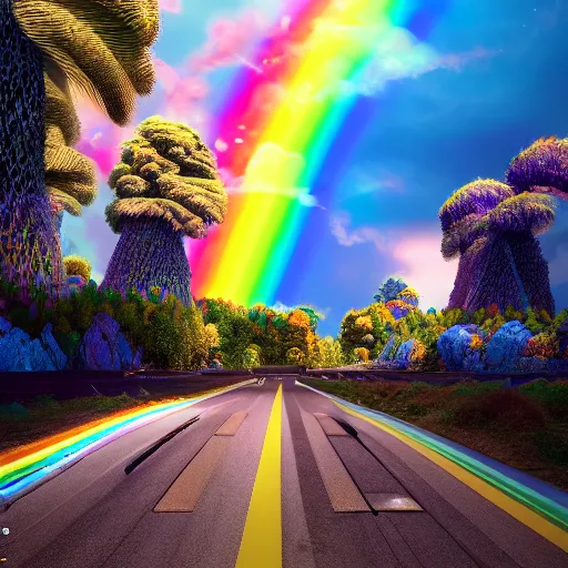 Image similar to Rainbow Road, the image is like beautiful dream, 4k post-processing highly detailed, art station, unreal engine + cinematography by Wes Anderson, Wide angle shot, futuristic, volumetric light, Fuji film, intricate detail, hyperreal, hyperrealistic, 4K, Octane render, unreal engine cinematic, sublime atmosphere,