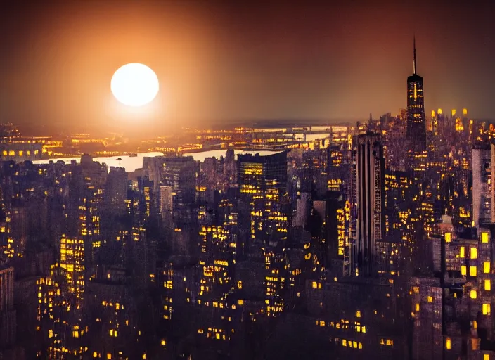 Image similar to film still of the moon shattering into pieces over manhatten in the new disaster movie, 8 k, night time