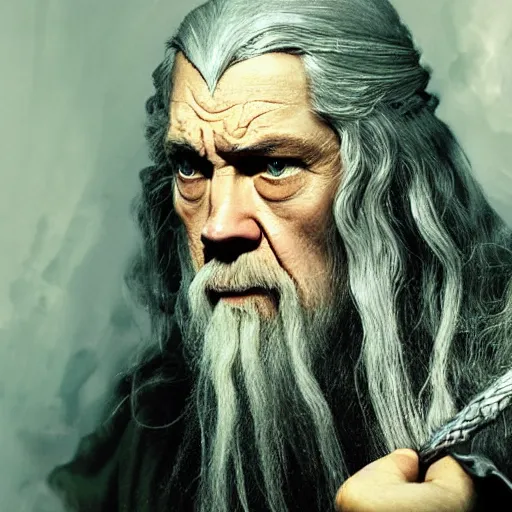 Image similar to a still from “ lord of the rings ” of a head and shoulders portrait of master pain as gandalf, photo by phil noto