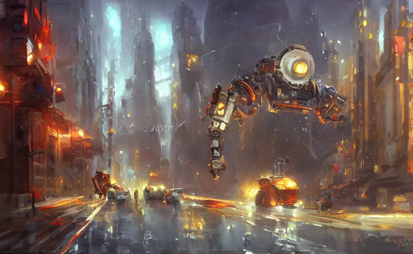 Image similar to Alchemy mech robot gloomy city. By Konstantin Razumov, highly detailded