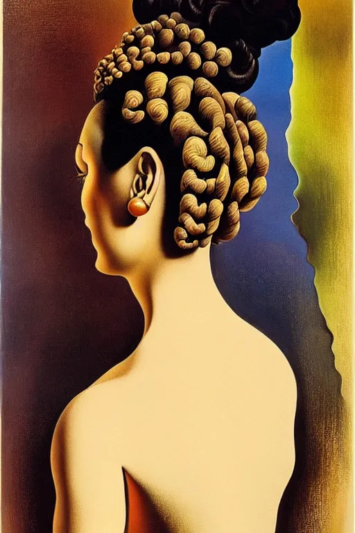 Image similar to beautiful woman by salvador dali, intricated details, 3 / 4 back view, hair styled in a bun, bendover posture, full body portrait, bright design, drips, autumn lights