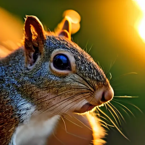 Prompt: closeup photo of a squirrel at sunset, backlighted, professional photo, nikon d 7 2 0 0, f / 1. 8