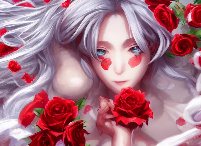 Prompt: anime girl with white curly hair wearing white clothes surrounded by red butterflies and red roses, concept art, dynamic pose, digital illustration, trending on artstation, intricate details, epic composition, sharp focus, 8 k uhd, masterpiece, league of legends splash art