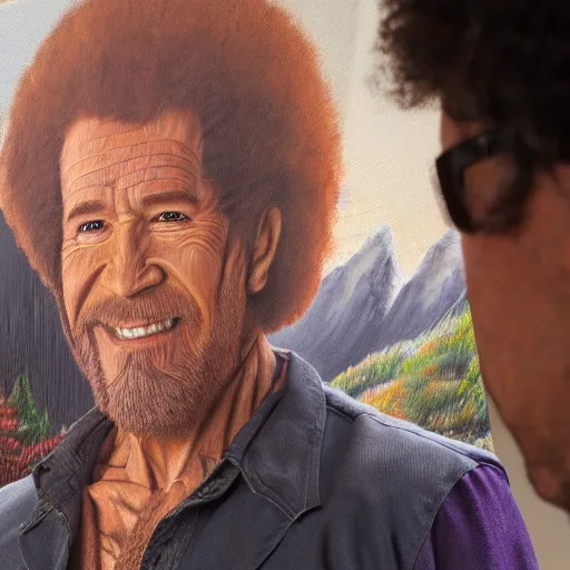 Prompt: a closeup photorealistic photograph of bob ross diligently finishing a canvas painting of iron man on the canvas. mountains and trees. film still. brightly lit scene. this 4 k hd image is trending on artstation, featured on behance, well - rendered, extra crisp, features intricate detail, epic composition and the style of unreal engine.