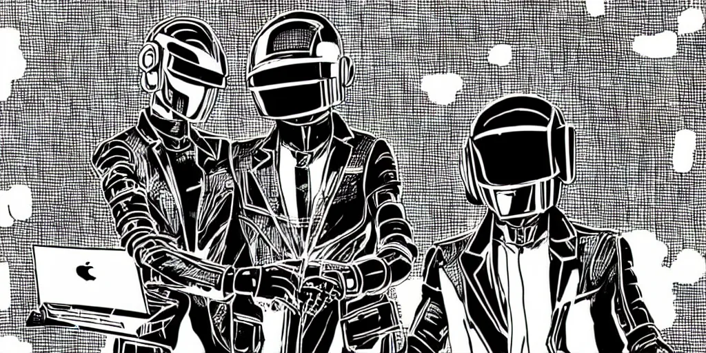 Image similar to detailed black ink manga artwork of 2 Daft Punk robot rock using Apple notebook Macbook at an underground warehouse rave in Ibiza, playing techno house music, thousands of beautiful girls in bikini dancing, in the style of manga illustration, wires, speakers, black and white ink