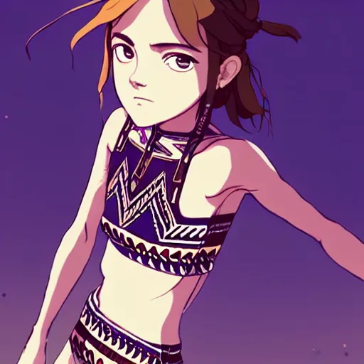 Image similar to a beautiful boyish emma watson alluring instagram model, wearing japanese hiphop aztec leotard outfit with mayan pattern and native style, aztec street fashion bathing suit, botw style, gapmoe yandere grimdark, trending on pixiv fanbox, painted by greg rutkowski makoto shinkai takashi takeuchi studio ghibli, akihiko yoshida