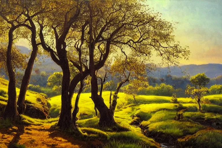 Image similar to masterpiece painting of oak trees on a hillside overlooking a creek, dramatic lighting, by gunnar widforss