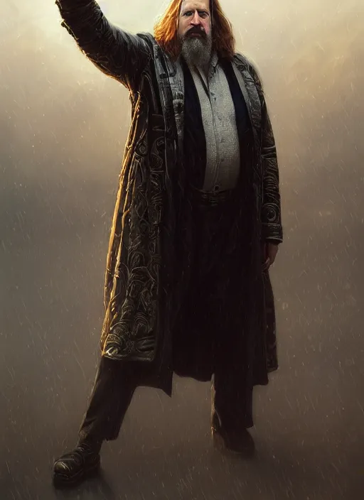 Prompt: a stunning portrait of the dude from the big lebowski by tom bagshaw, charlie bowater, donata giancola, greg rutkowski, wearing an ornate cyberpunk jacket and intricate mechanics, biker fashion, cyberpunk, black magic, octane, pastel colors, mist, dof, ominous backdrop, atmosphere, realism, hyperdetailed, 8 k