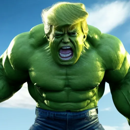 Image similar to Donald Trump cast as the Hulk, still from marvel movie, hyperrealistic, 8k, Octane Render,