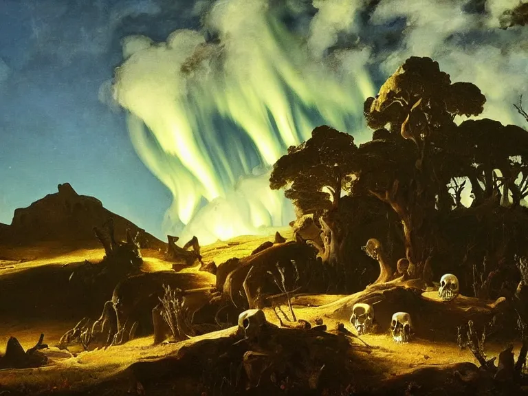 Prompt: an oil painting of a landscape of bone and skulls with a blue sky and aurora by carl spitzweg and tuomas korpi. baroque elements, full-length view. baroque element. intricate artwork by caravaggio. Trending on artstation. 8k